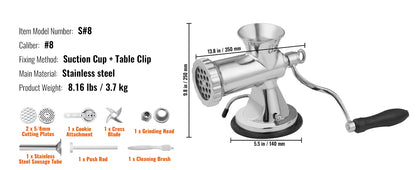 SucceBuy Manual Meat Grinder 304 Stainless Steel Hand Meat Grinder with Suction Cup&Steel Table Clamp Meat Mincer Sausage Maker