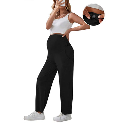Maternity Pants Over The Belly Yoga Dress Work Pregnancy Pants Stretchy Lounge Wide Leg Trousers with Pockets