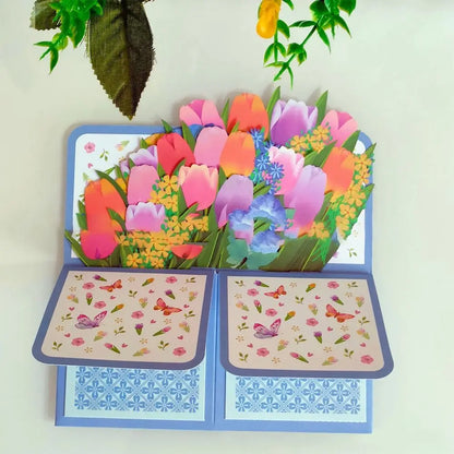 Pop Up 3D Greeting Card Paper Flowers Bouquet Postcard for  Birthday Mothers Father's Day Graduation Wedding Valentine's Day