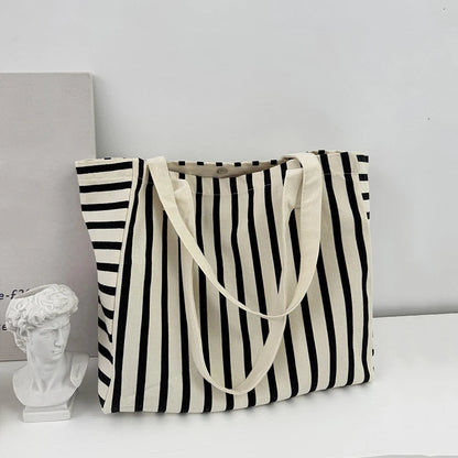 Striped Canvas Bag Beach Handbag Fashionable Women's Canvas Summer Large Capacity Shoulder Bag