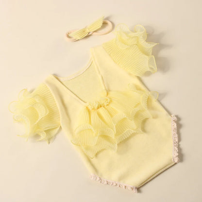 Ylsteed 2 Pieces Set Beige Newborn Photography Costume Lace Romper Bow Headband Set Baby Girl Photo Shooting Outfits