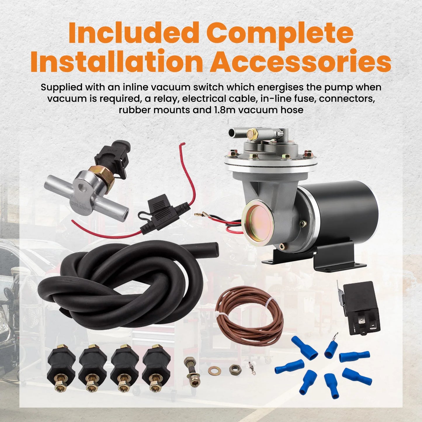 Electrical Vacuum Pump Kit  18" to 22" for Power Brake Booster with  relay vacuum pressure switch/ hose mounting hardware kit.