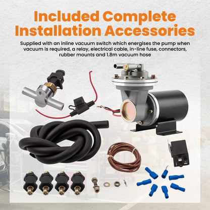 Electrical Vacuum Pump Kit  18" to 22" for Power Brake Booster with  relay vacuum pressure switch/ hose mounting hardware kit.