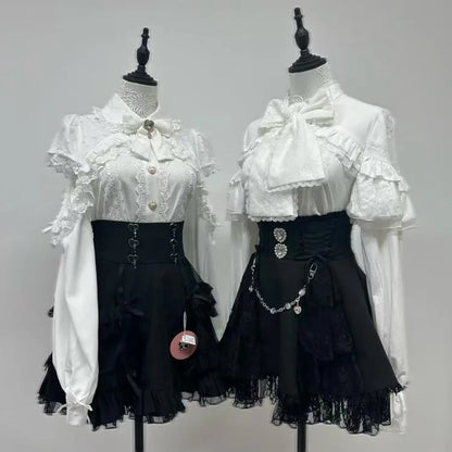 Japanese Sweet Lolita Style Mini Skirt Women Retro Elegant Lace Bandage Party Cake Skirts Female Gothic Y2k Metal Buckle Skirts