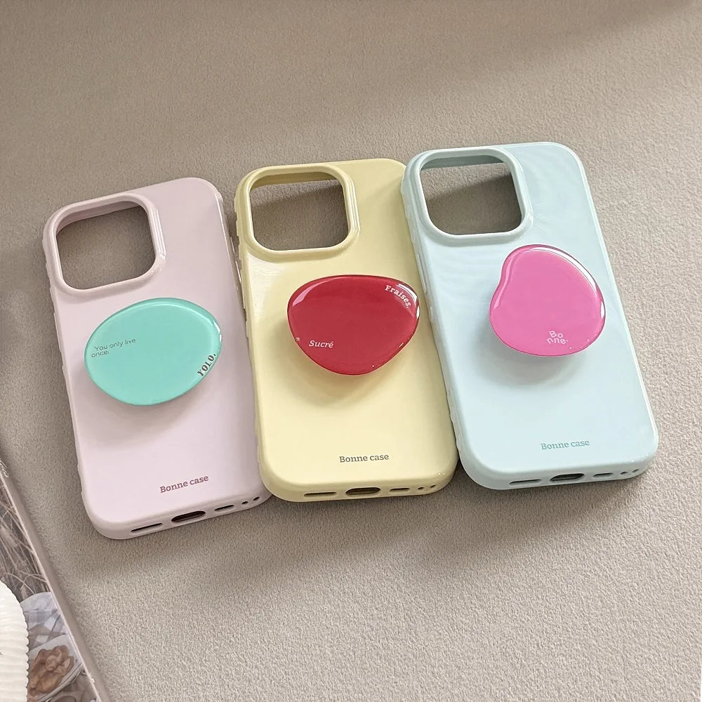 Korean INS Cute Solid Color Phone Case for iPhone 17 16 15 14 13 12 Pro Max Shockproof Protection Back Cover with Bracket