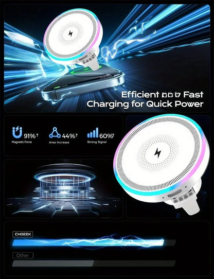 RGB Light Car Magnetic Phone Holder Air Vent Stand Wireless Charger For Magsafe iPhone 16 15 14 13 12 Pro Max Fast Charging Dock