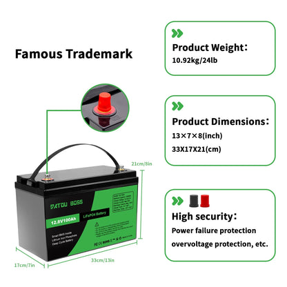 DATOUBOSS 12V100Ah Deep Cycle Lithium Iron Phosphate Battery Built-in Intelligent BMS For RV Golf Cart Boat Solar System NO TAX