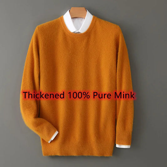 Men's 100% Pure Mink Cashmere Sweater O-Neck Pullovers Knit Large Size Mink Sweater Winter New Long Sleeve High-End Jumpers Tops