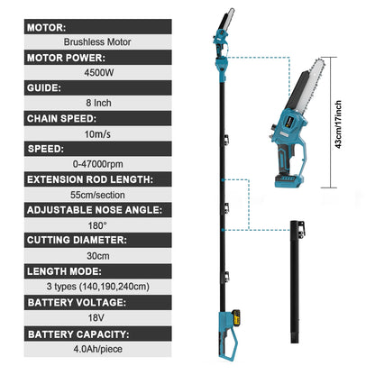 Gisam 8Inch Brushless Telescoping Pole Electric Chainsaw High Branch Saw Garden Pruning Power Tool For Makita 18V Battery Pin