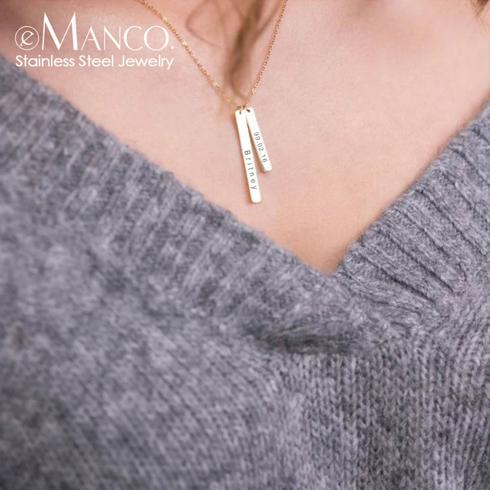 EManco Stainless Steel Long Engraved Necklace Double Pendant Name Personalized Engraved Necklace Birthday Gift