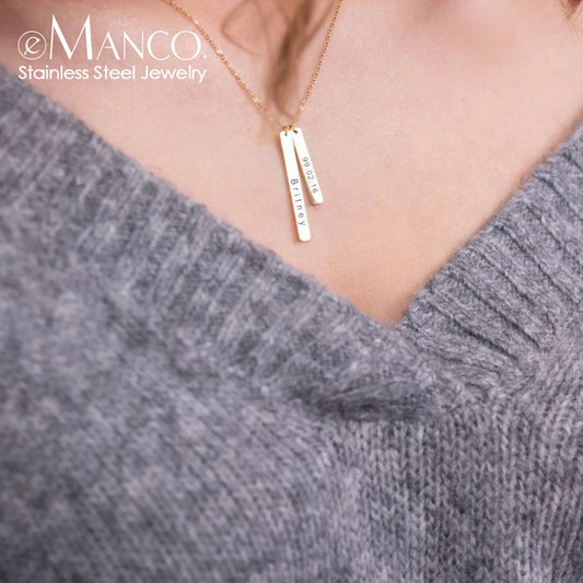 EManco Stainless Steel Long Engraved Necklace Double Pendant Name Personalized Engraved Necklace Birthday Gift