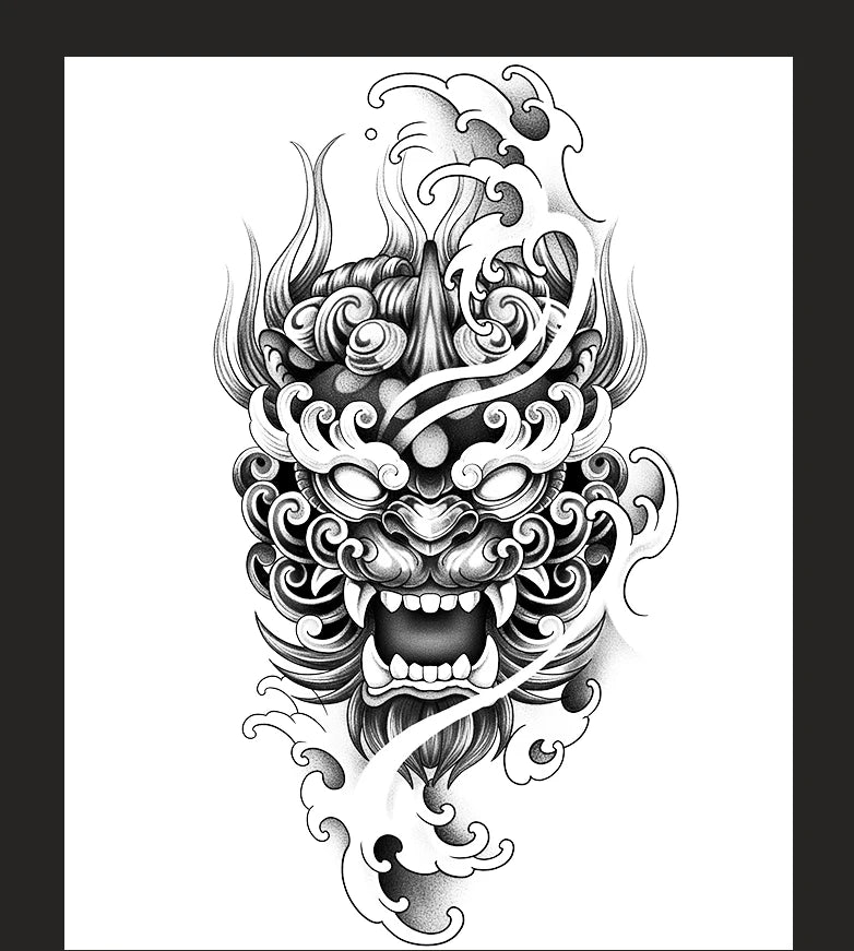 Demon Mask Waterproof Temporary Tattoo Sticker, Long-lasting Waterproof for 1-2 weeks, Realistic Semi-Permanent Fake Tattoo
