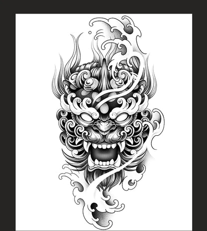 Demon Mask Waterproof Temporary Tattoo Sticker, Long-lasting Waterproof for 1-2 weeks, Realistic Semi-Permanent Fake Tattoo
