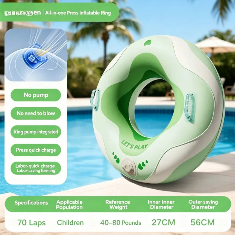 No Mouth Blowing Swimming Tube with Integrated Pump - Press to Inflate in Seconds! 2 Colors (Blue/Green) for Pool, Beach & Lake