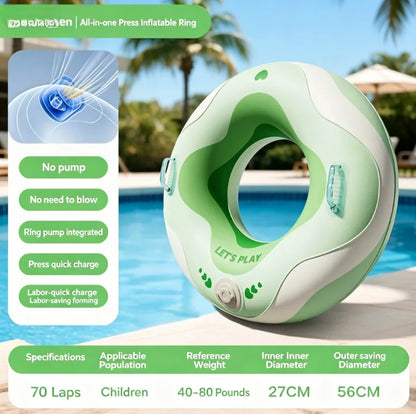 No Mouth Blowing Swimming Tube with Integrated Pump - Press to Inflate in Seconds! 2 Colors (Blue/Green) for Pool, Beach & Lake