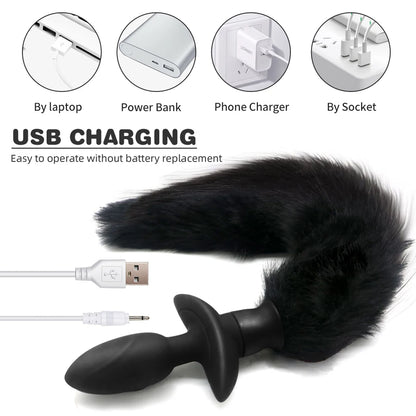 Remote Control Anal Plug Vibrator Real Fox Tail Cosplay Butt Plug Female Masturbator Swing Tail Adult Products Sex Toy for Woman