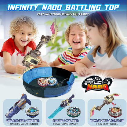 INFINITY NADO S7 Battle Top with Bow Launcher Infinite Acceleration, Metal Defense Type Battle Toy, Right-Spinning Top Game Toys
