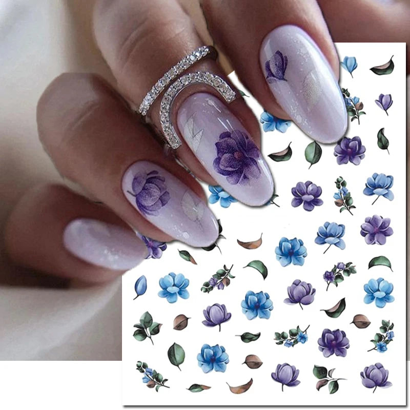 3d Nail Art Decals Elegant White RoyalBlue Roses Flowers Adhesive Sliders Nail Stickers Decoration For Nail Manicure