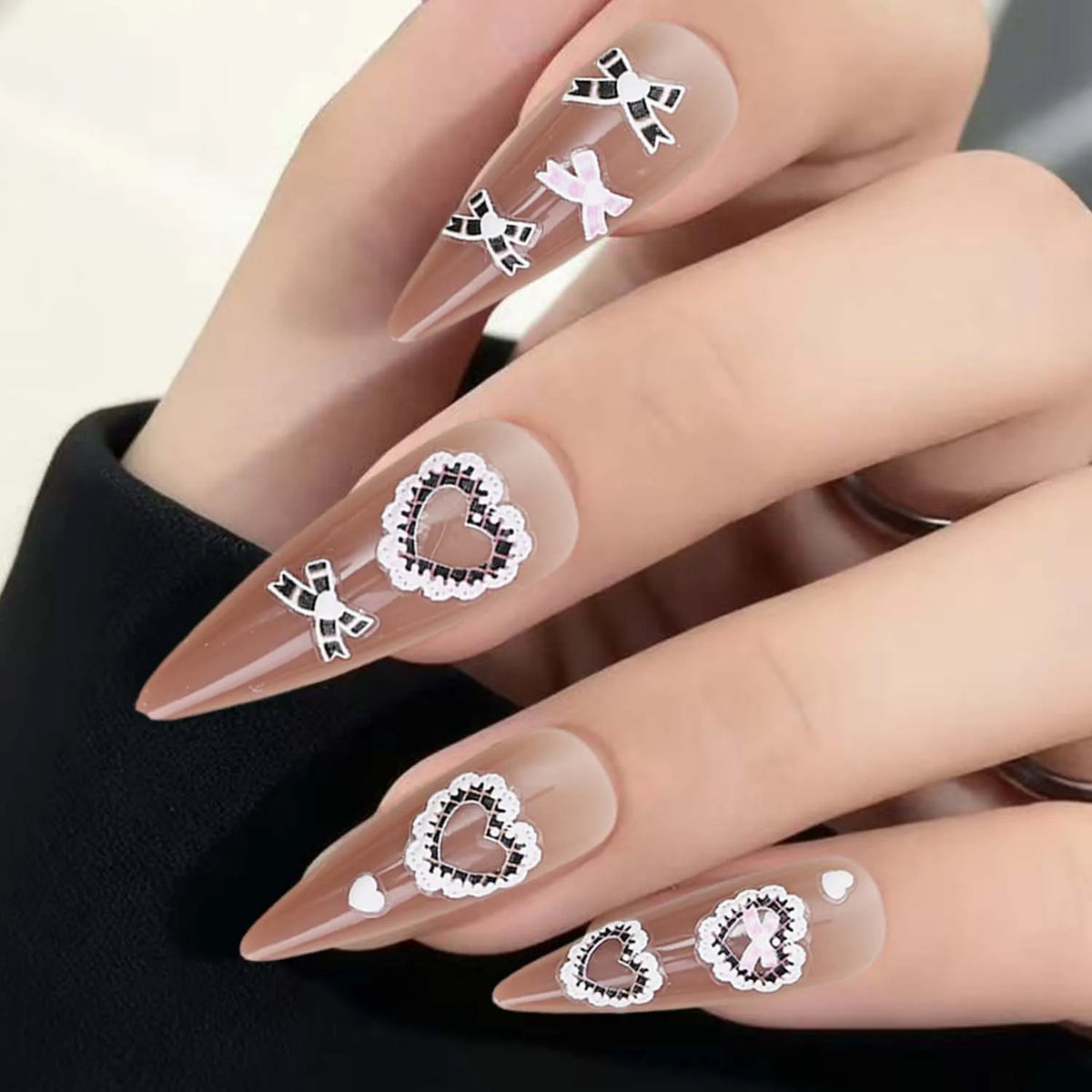 Sweet Bowknot Black Lace Heart Nail Stickers 3D Self Adhesive Nail Art Stickers Japanese Cool Girls Manicure Decorations Decals