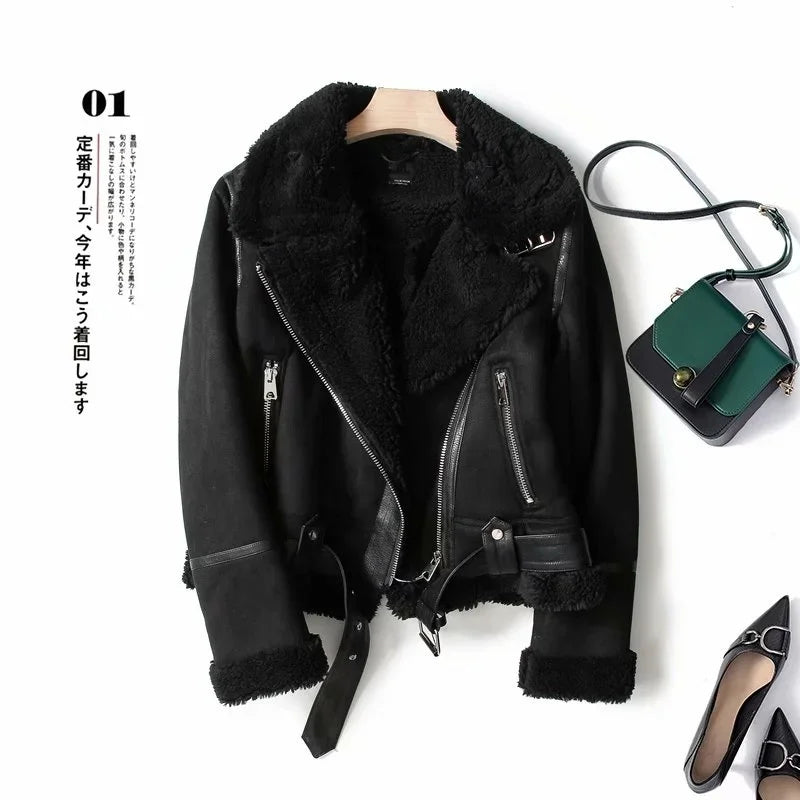Winter Faux Shearling Sheepskin Fake Leather Jackets Lady Thick Warm Suede Lambs Motorcycle Brown Coats Mujer Chaqueta A407