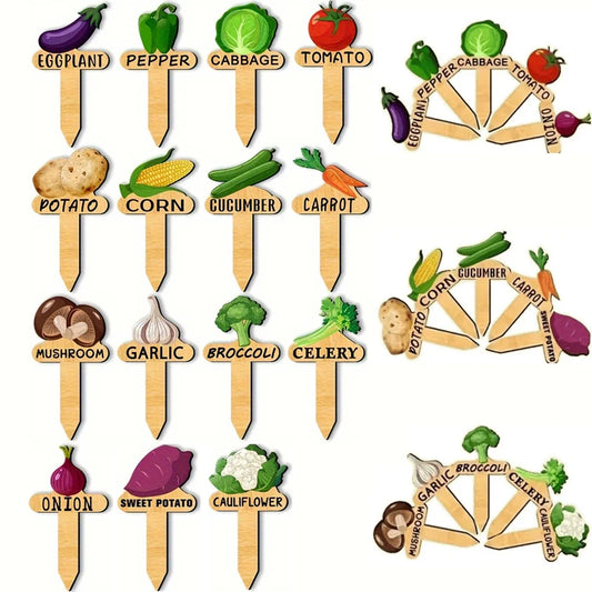 15 Pcs Funny Plant Markers, T-Type Vegetable Name Tag with Pattern Wood Plant Garden Sign Seed Indoor and Outdoor Potted Plants