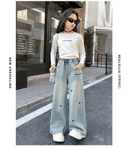 New 4-14 Years Spring Autumn Teenage Girls Jeans Full Print Bow Embroidery Fashion Wide-leg Denim Pants For Kids