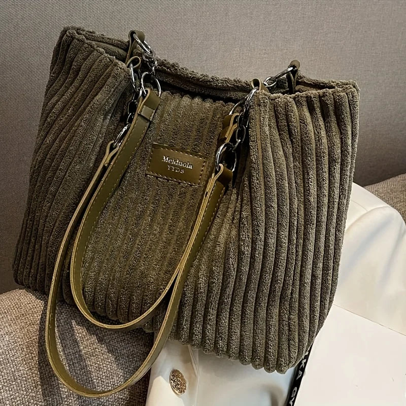 Stylish Corduroy Tote Bag for Women, Large Capacity Plush Shoulder Bag, Versatile Commuter & Travel Bag.