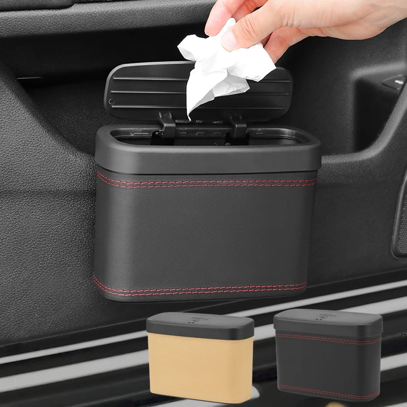 Multi-functional Car Press-down Storage Box PU Leather Vehicle Trash Can, Seat Back and Door Hanging Storage Box, Press-down