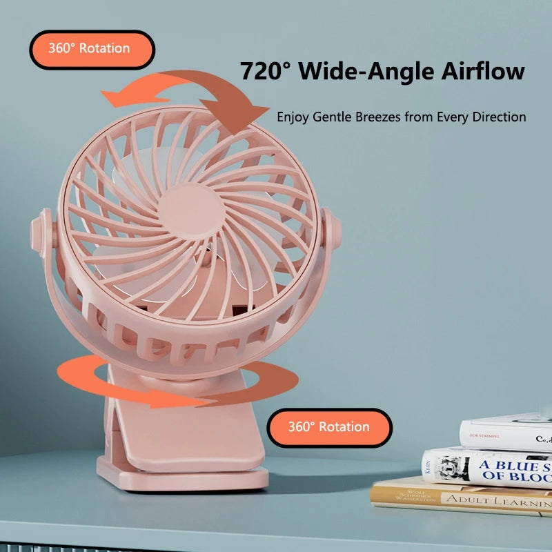 Mini Clip Fan 720°Rotation Built-in Night Lamp USB Rechargeable Powerful Airflow Portable Cooling Fan For Travel Camping Outdoor