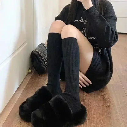 Cashmere Knitted Knee High Socks Women's Solid Soft Long Wool Socks Casual Fluffy Warm Stocking Skinny Thicken Thigh High Socks