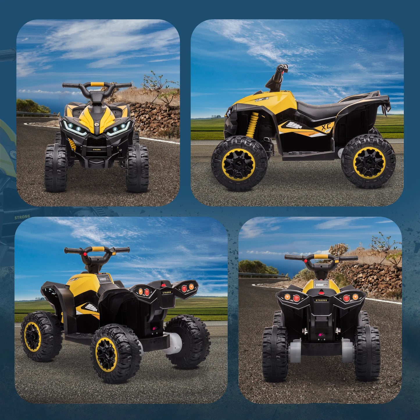 12 V electric quad for children, 2-motor electric car for kids with 2 speeds at 3–6 km/h, LED headlights and horn, suitable for 3–5 year-old children, ergonomic handle and seat, yellow
