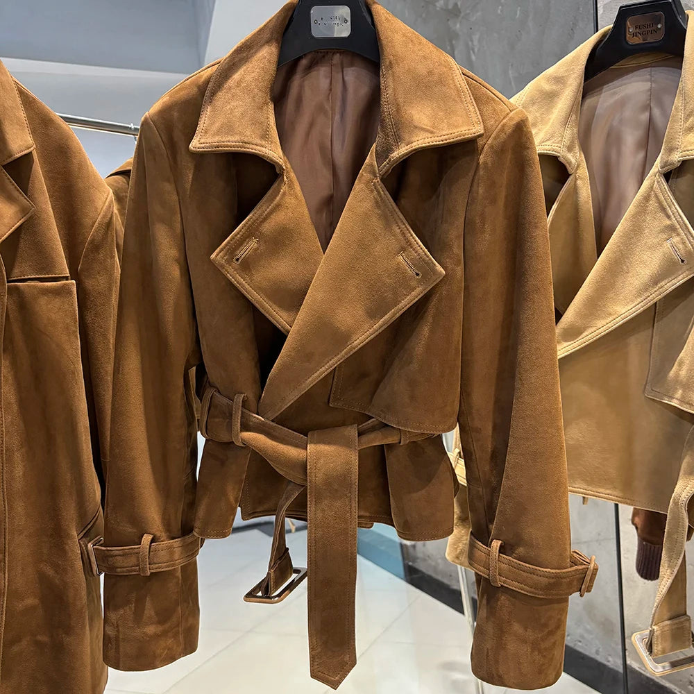 YOLOAgain 2025 Autumn Elegant Real Leather Jacket Coat Women Oversized Leather Jacket With Belt