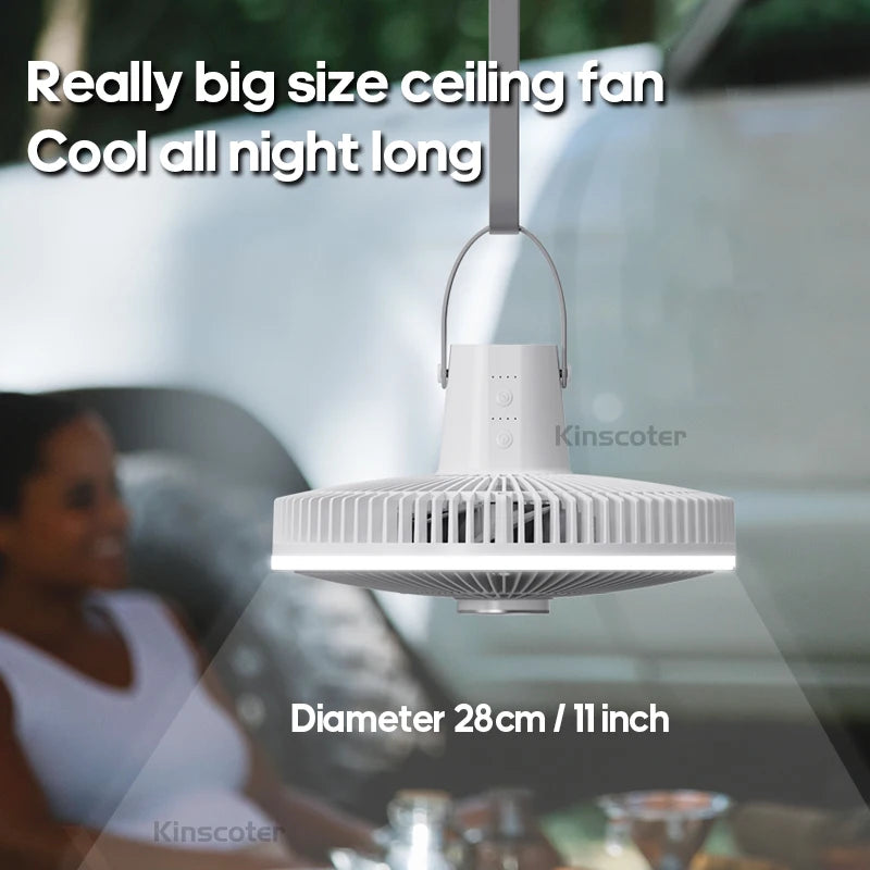KINSCOTER 10000mAh Outdoor Camping Fan, 11inch Large Ceiling Fan with LED Lighting, Multifunction Air Circulator Cooler Fan