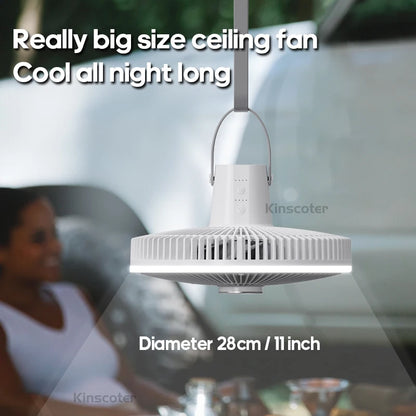 KINSCOTER 10000mAh Outdoor Camping Fan, 11inch Large Ceiling Fan with LED Lighting, Multifunction Air Circulator Cooler Fan