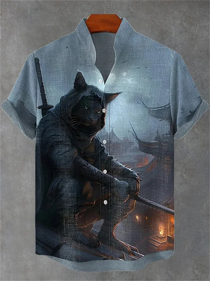 Men's short-sleeved shirt with cat and dinosaur print, casual and stylish vacation-style men's top, fashionable Hawaiian design.