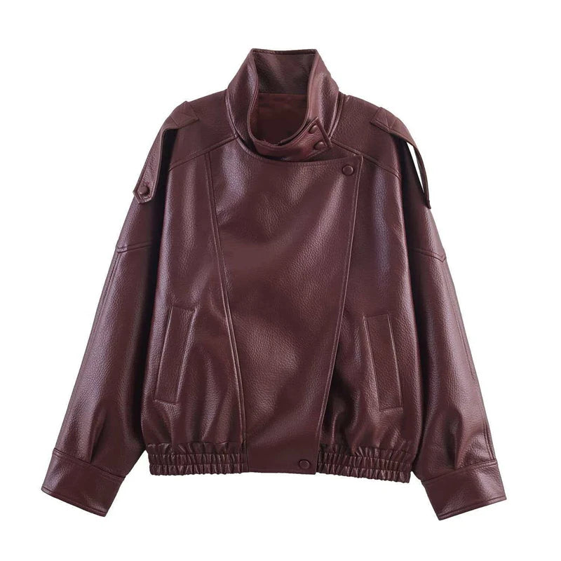 Women's Faux Leather Jacket 2025 New Fashion Autumn Black Long Sleeve Pebble Jacket Motorcycle Style Personality Ladies Jacket