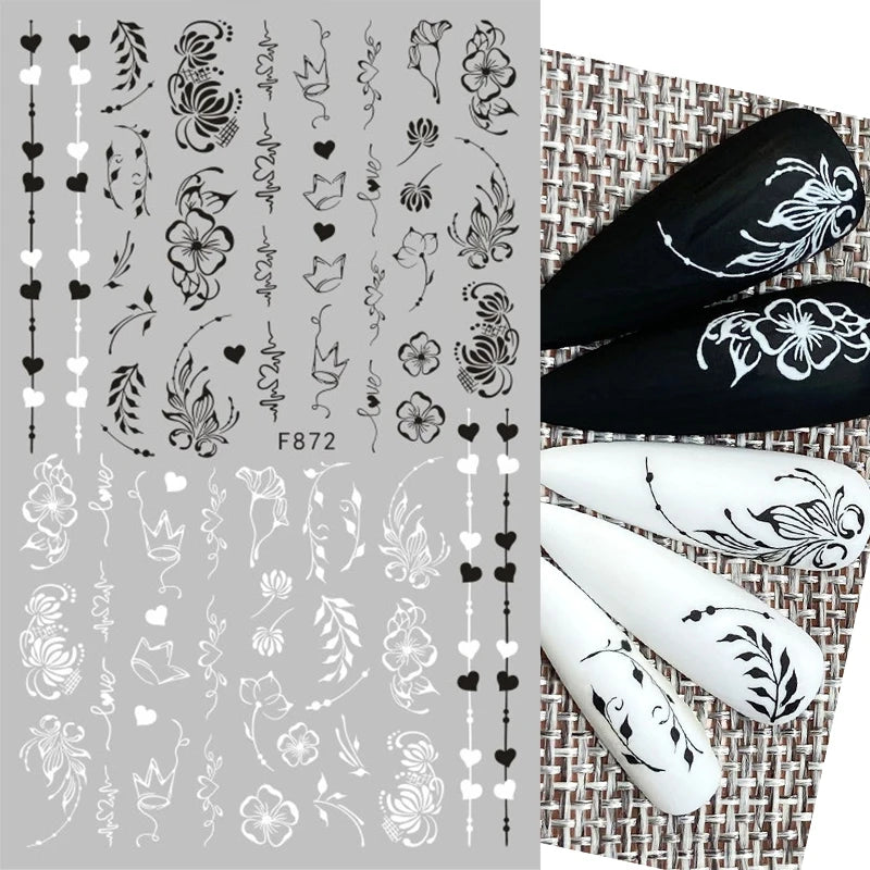 Black and White Love Flowers Line Art 3D Stickers Nail Decals Nail Art Accessories Butterfly Rose Nail Stickers Nail Sliders