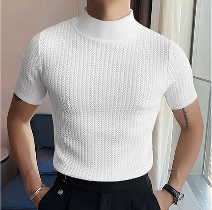 Summer New Casual Simple Knitted Base Shirt European and American Men's High Neck Water Ripple Solid Color T-Shirt