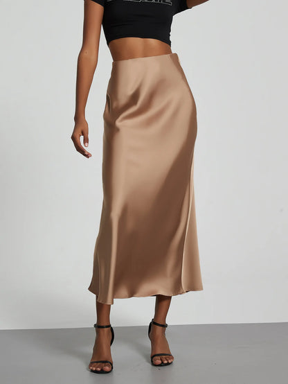 21 Colors New 2026 Women's Elegant High Waist Satin Long Skirts Female Summer Solid Color Faldas