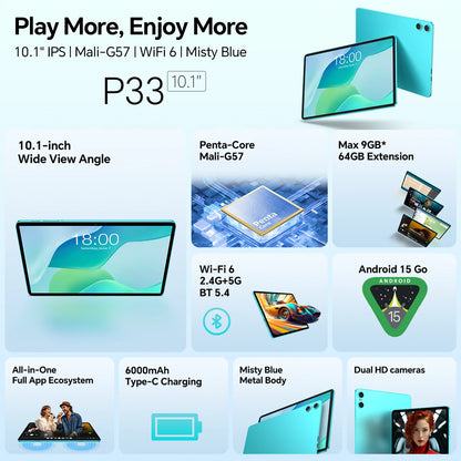 Teclast P33 10.1 Inch Tablet, Android 15, Max 9Gb Ram 64Gb Rom, Wifi 6, 6000Mah Type-C, Dual Camera, Metal Body, Allwinner A333