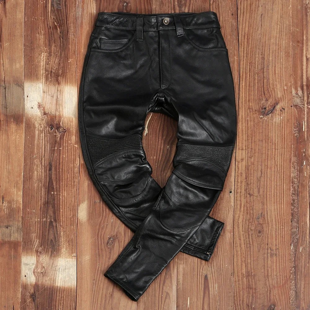 Men's Vintage Gray Black Motorcycle Style Trousers Genuine Thick Cowhide Biker's Pants Real Natural Leather Skinny Pants 4XL