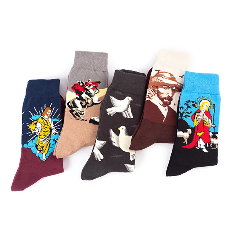 1 Pair Van Gogh Starry Night Cotton Socks Women Men Mona Lisa Oil Painting Retro-classical Series Skateboard Casual Couple Socks