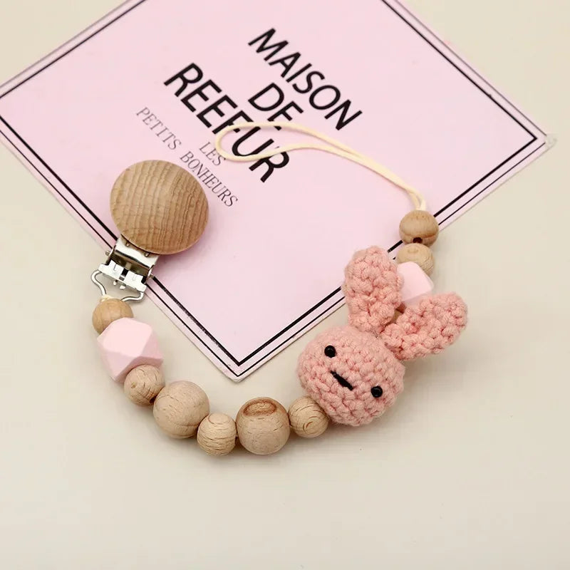 Cartoon Bunny Pacifier Chain Clip Wood Crochet Bear Teething Chain Baby Teether Soother Holder Newborn Chew Toys Pacifier Clips