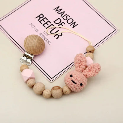 Cartoon Bunny Pacifier Chain Clip Wood Crochet Bear Teething Chain Baby Teether Soother Holder Newborn Chew Toys Pacifier Clips