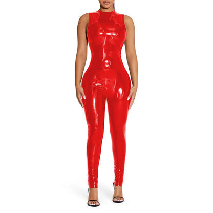 PVC Sleeveless Jumpsuit for Ladies, Wet Look, Shiny Patent Leather, O-Neck Bodycon, Tank Catsuit, Stretch Slim Rompers, Sexy