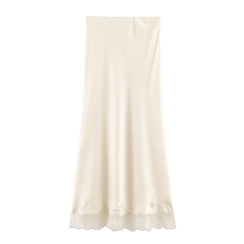 Willshela Women Fashion Solid Lace Side Hem Pleated A-Line Midi Skirt Vintage High Elastic Waist Female Chic Lady Skirts