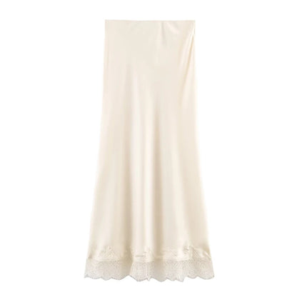 Willshela Women Fashion Solid Lace Side Hem Pleated A-Line Midi Skirt Vintage High Elastic Waist Female Chic Lady Skirts