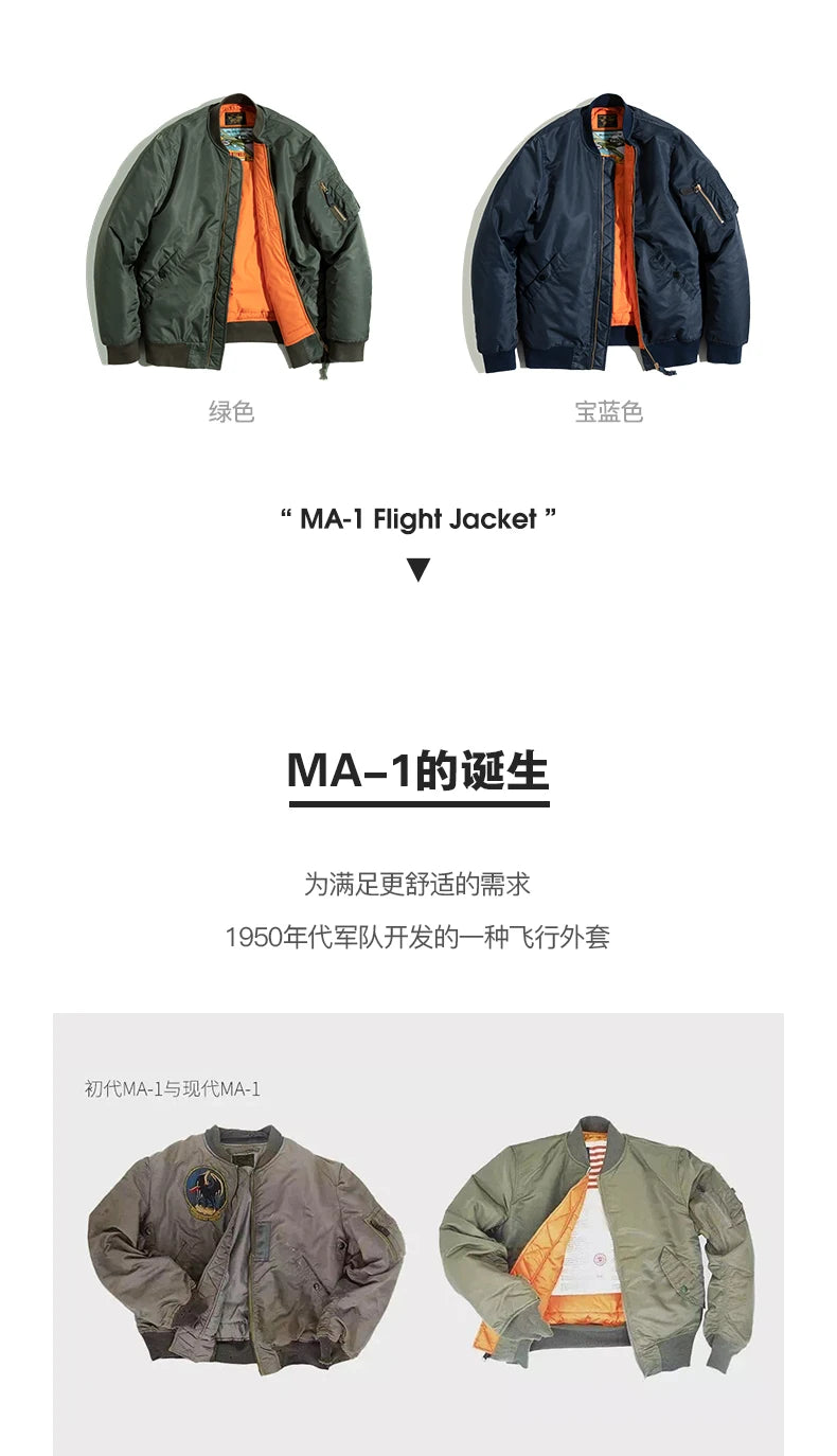 Maden Vintage MA1 Pilot Jacket Green Thickened Cotton-padded Jacket Casual Baseball Pockets Flight Zipper Outwear for Men's Fall