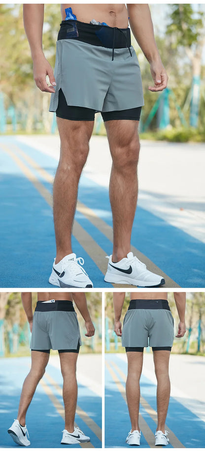 2 in 1 Trail Running Marathon Multifunctional Shorts Quick Dry Long Distance Training Sports Men Summer Lining With Waist bag