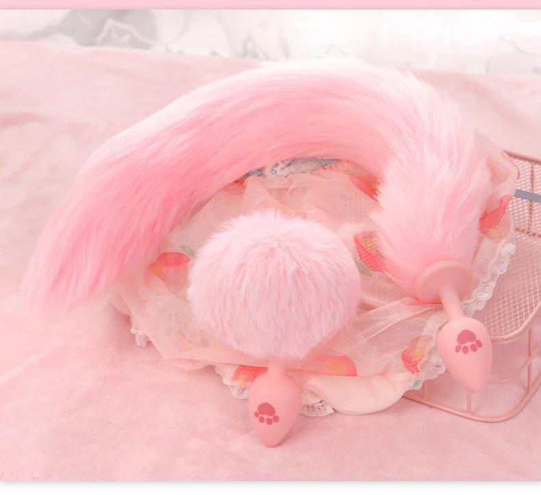 BLACKWOLF Cute Pink Silicone Anal Plug Soft Long Tail Butt Plug Adult Games Anal Beads Erotic Cosplay Sex Toys For Women